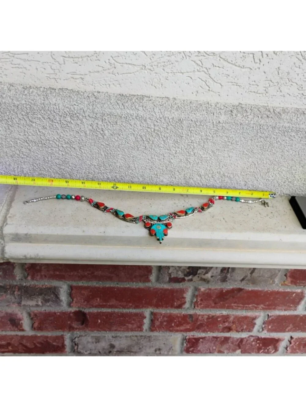 Handcrafted Tibetan Silver Collar Necklace w/Inlay Turquoise & Coral w/Beads